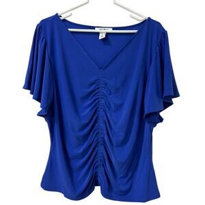 White House Black Market Womens Sz XL Royal Blue V Neck Ruched Blouse Office